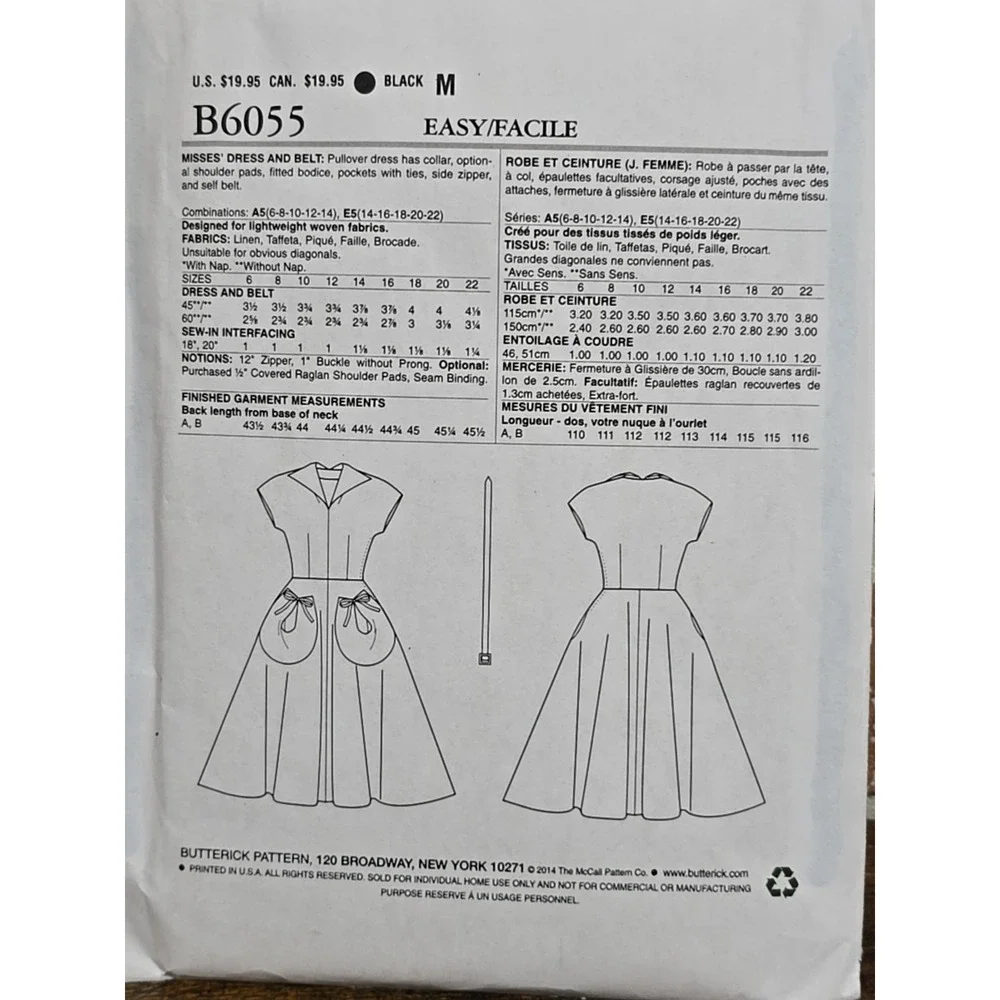 Butterick B6055 Retro 1950 Flared Dress Tie Pockets Sewing Pattern sz 14-22 Belt